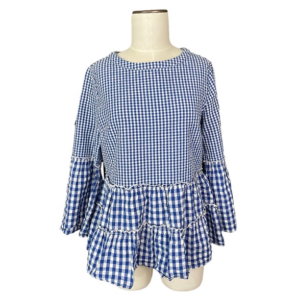 crown & ivy Tops - Crown & Ivy Top Women's Small Seersucker Blue Top Ruffle Sleeves Classic Gingham